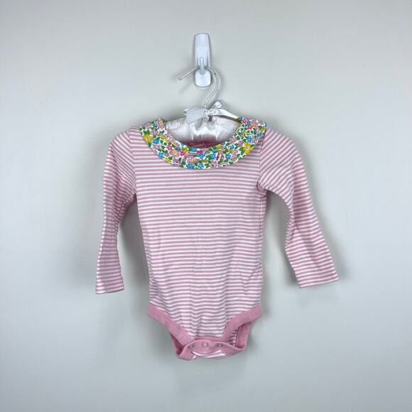 Mini Boden Pink Stripe Aqua Floral Ruffle Collar Bodysuit 6-9 Months - Picture 1 of 4